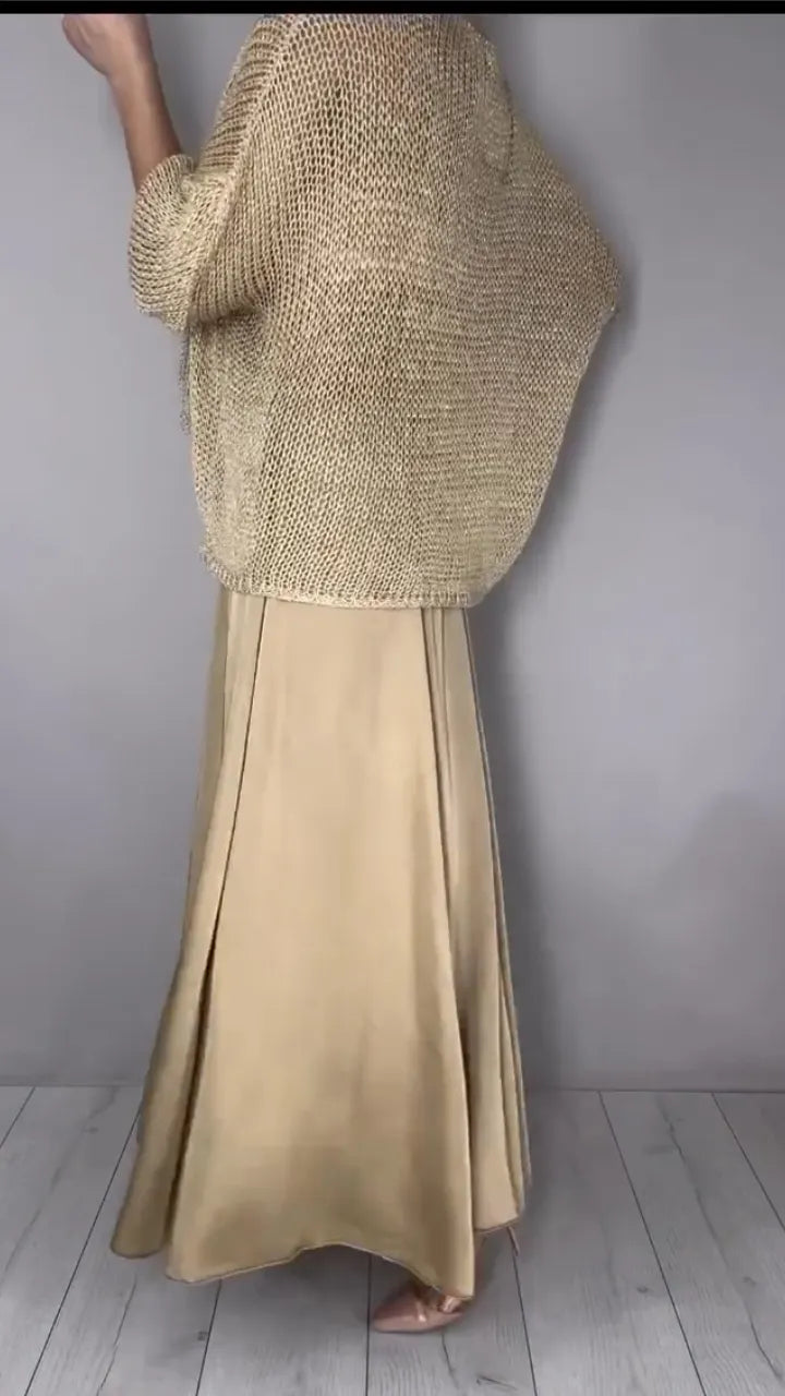 Gold Open Knit Cropped Sweater with Satin Maxi Skirt Set