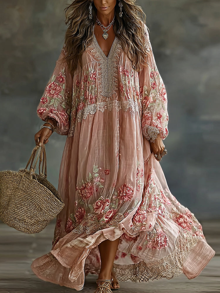 Women's Floral Art Print Flowy Linen Blend Casual Long Sleeve Maxi Dress