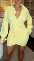 Yellow Ruched Wrap Shirt Mini Dress