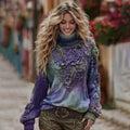 Vintage Green And Purple Rose Art Cozy Knit Turtleneck Sweater