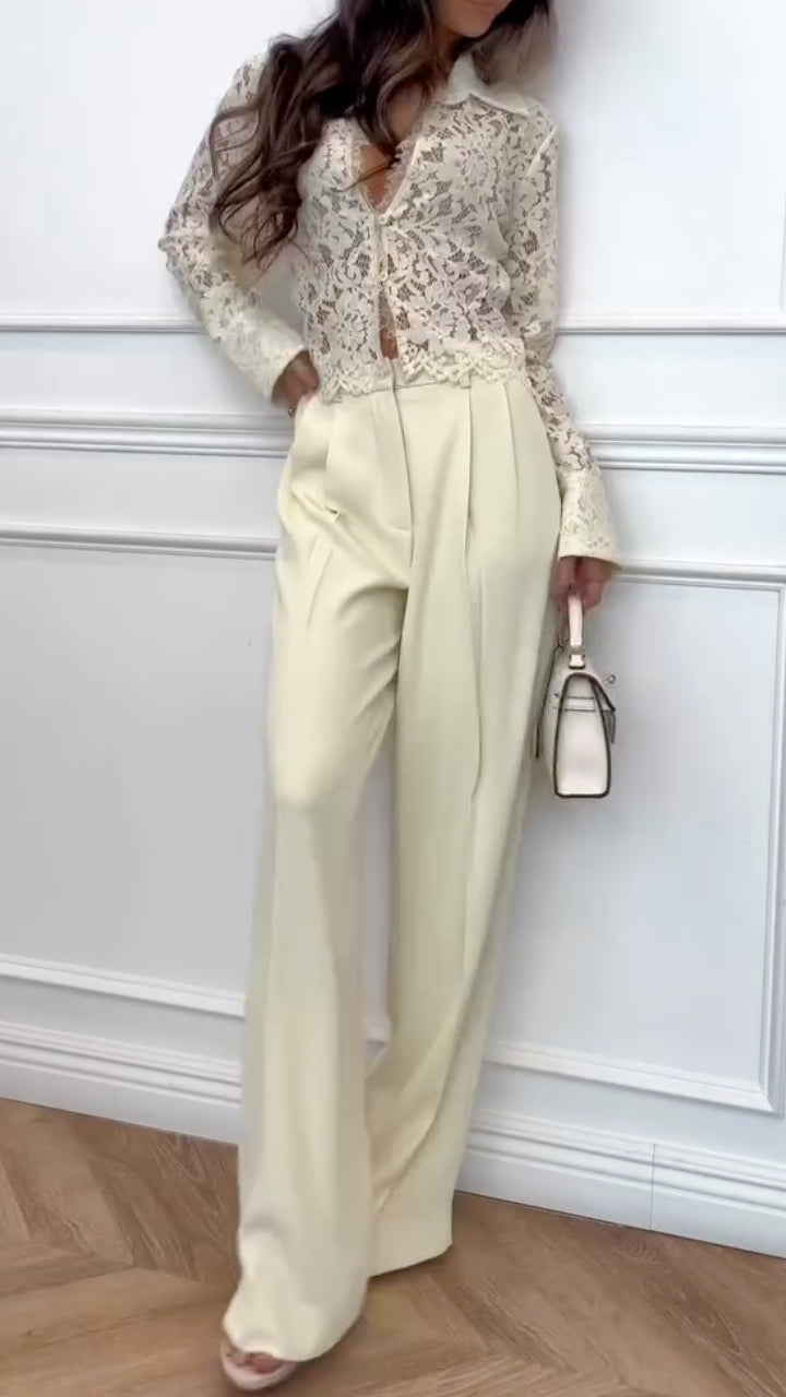 Lace Long Sleeve Shirt & High Waist Wide Leg Pants Set