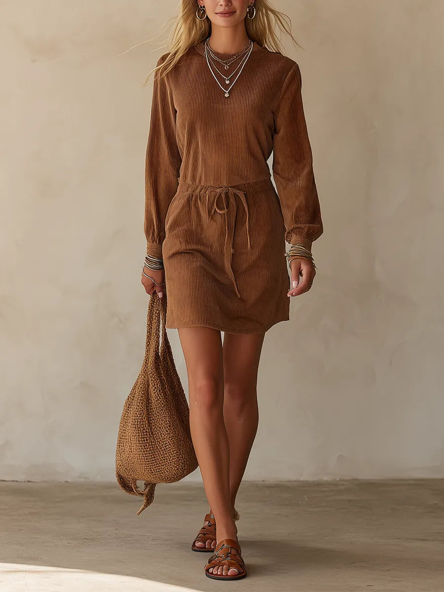 Earthy Boho Corduroy Drawstring Waist Mini Dress