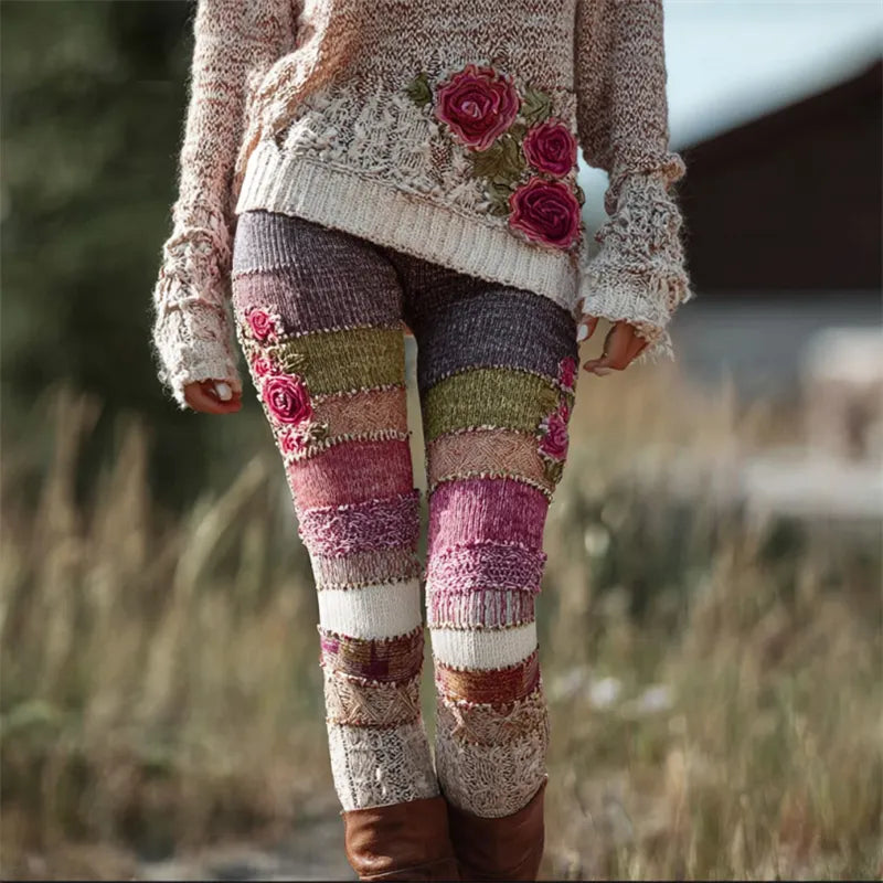 Vintage Pink Roses Colorblock Stitched Cozy Knit Leggings