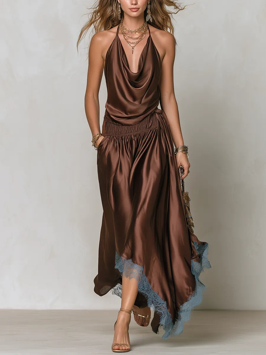 Bohemian Style Draped Neck Top And Lace Skirt Set