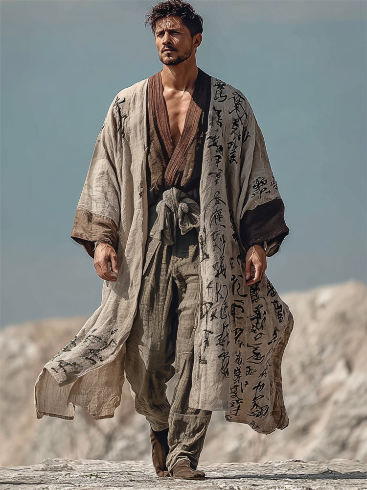 Men's Vintage Japanese Calligraphy Flowy Long Linen Kimono