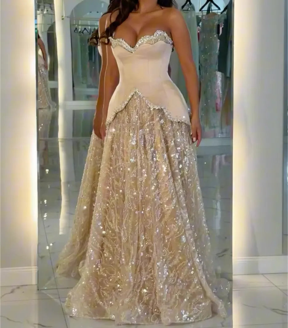 Strapless Sweetheart Satin Corset Sequin A-Line Evening Gown, Champagne Rhinestone Trim Peplum Formal Wedding Guest Maxi Dress