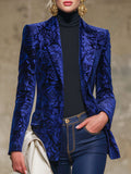 Royal Blue Rose Print Velvet Lapel Blazer