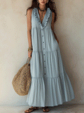 Effortless Boho Cotton-Linen Ruffle-V-Neck Tiered Dusty Blue Maxi Dress
