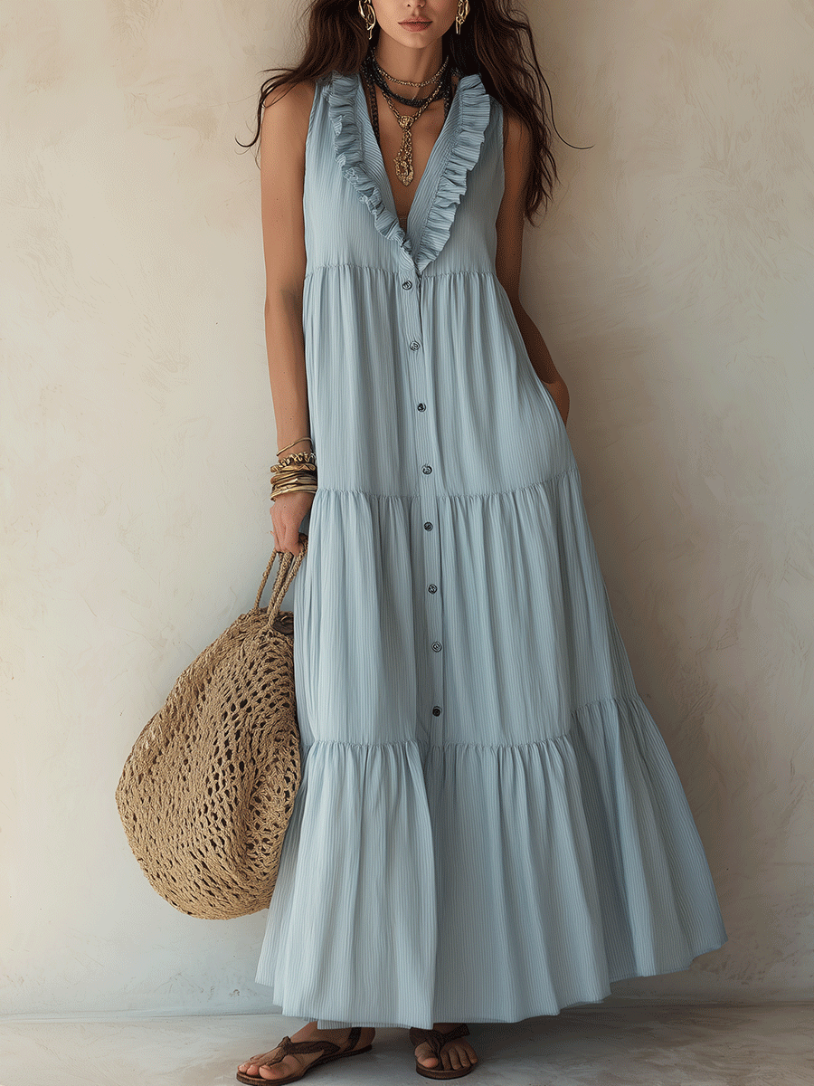 Effortless Boho Cotton-Linen Ruffle-V-Neck Tiered Dusty Blue Maxi Dress