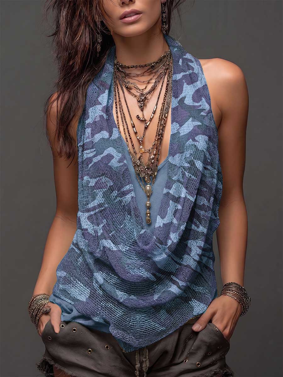 Women's Cowl-neck Sleeveless Camouflage-print Mesh Top — Casual & Loose Fit