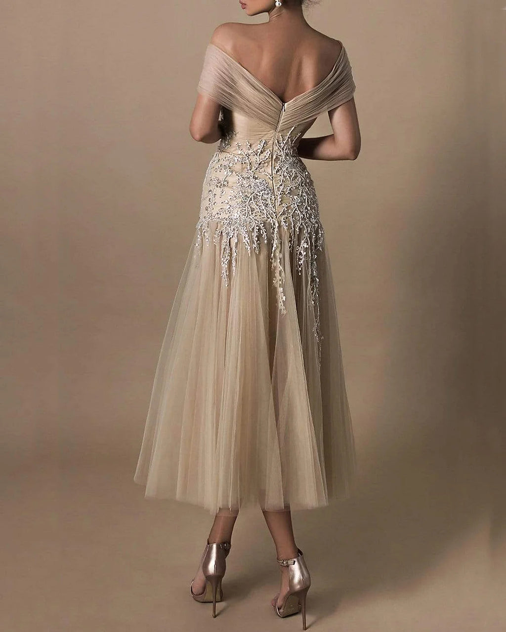 Embroidered Off Shoulder Tulle Dress - 01