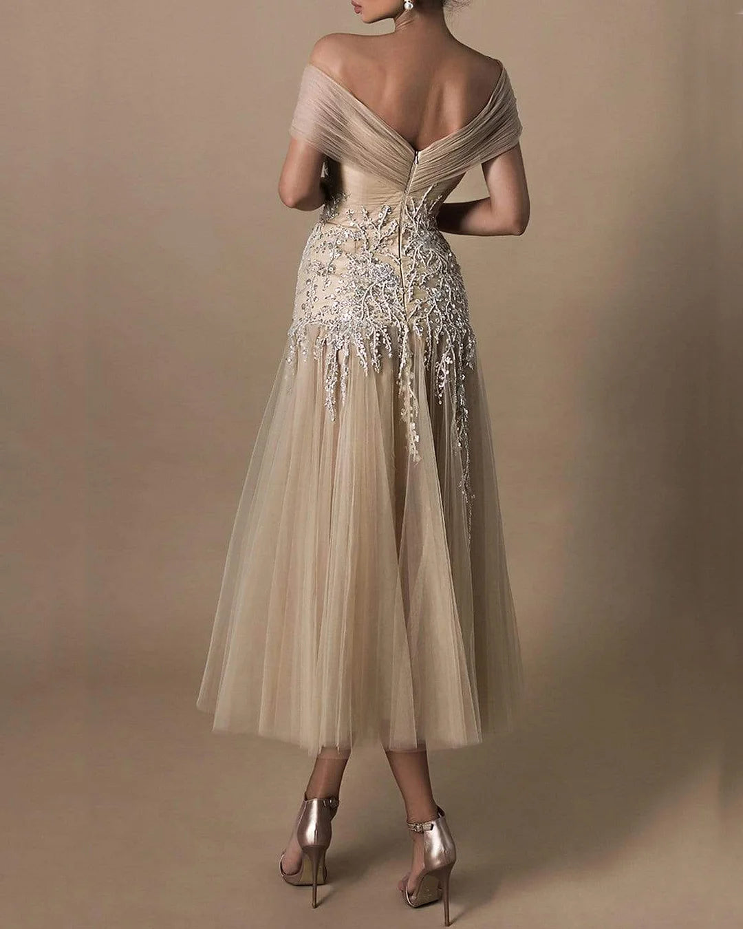 Embroidered Off Shoulder Tulle Dress - 01