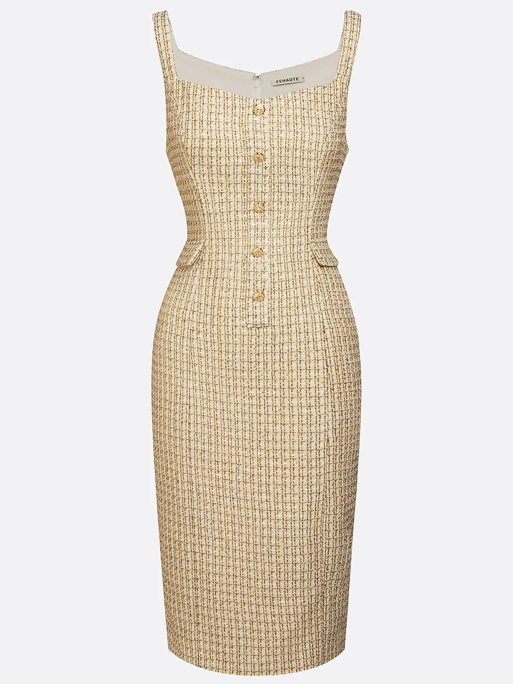 Golden Buckle Pocket Stitching Tweed Spaghetti Sleeveless Sheath Midi Dress