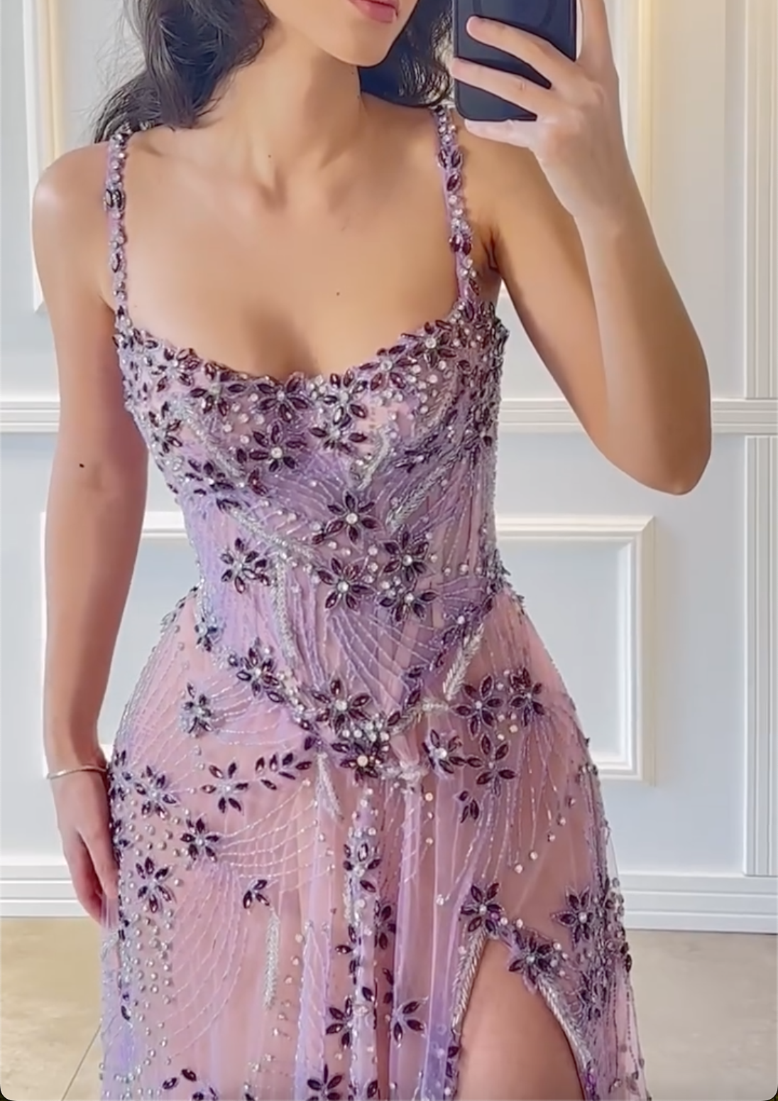 Green/Lavender Rhinestone Square Neck Maxi Dress with Sheer Mesh & High Slit