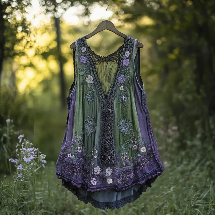Boho Lavender Lace Art Linen Lace Patchwork Art  Sleeveless Tank Top