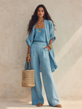 Women's 3-Piece Set Open Front Kimono Cardigan Cami Top Wide Leg Pants Casual Linen Look Outfit