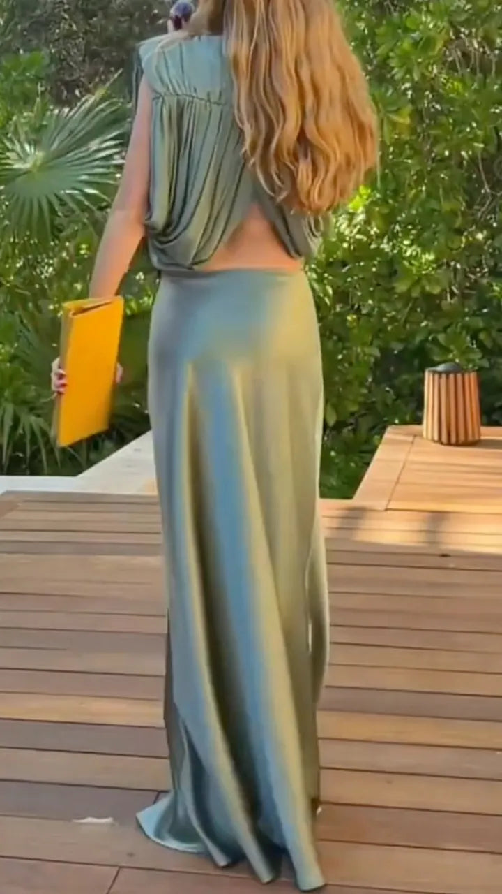 Ruched Crop Top and Maxi Skirt 2 Piece Set