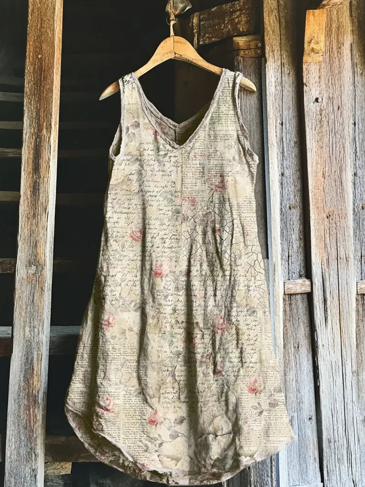 Vintage Floral Art Linen Blend Tank Midi Dress 5010
