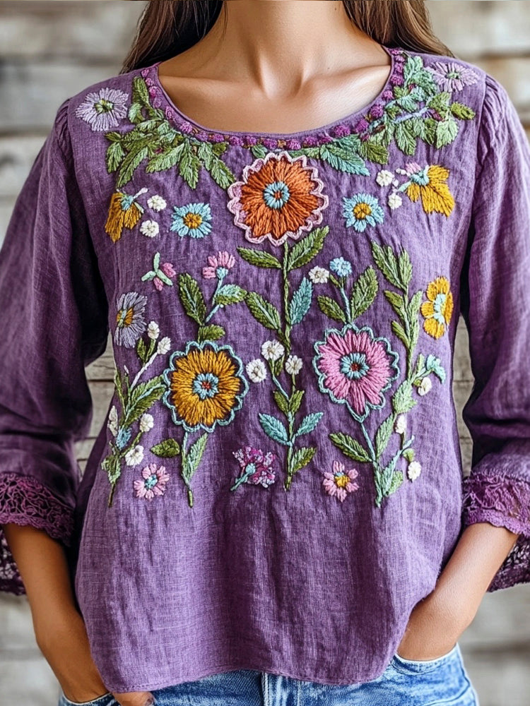 Purple Ethnic Floral Embroidery Vintage Women's Linen Shirt