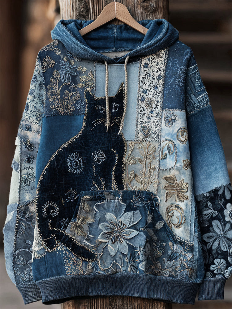 Lovely Cat Boho Floral Lace Patchwork Hoodie