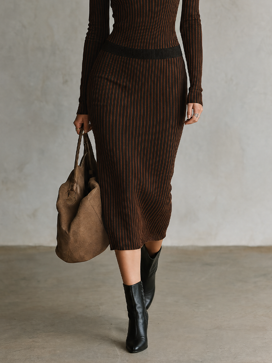 Minimal Vintage Brown Stripe Two-Piece Knit Set