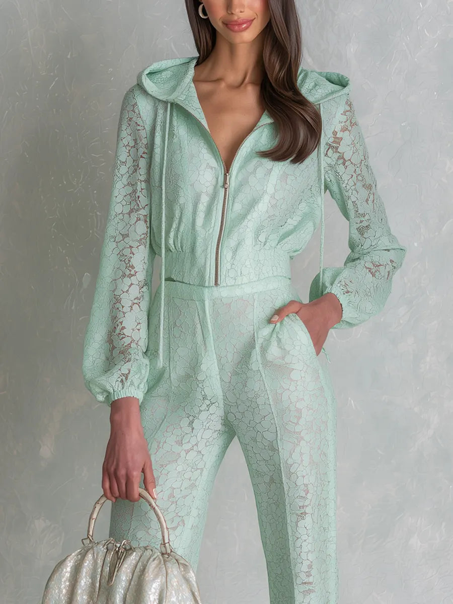 Romantic Mint Green Lace Hooded Wide Leg Set