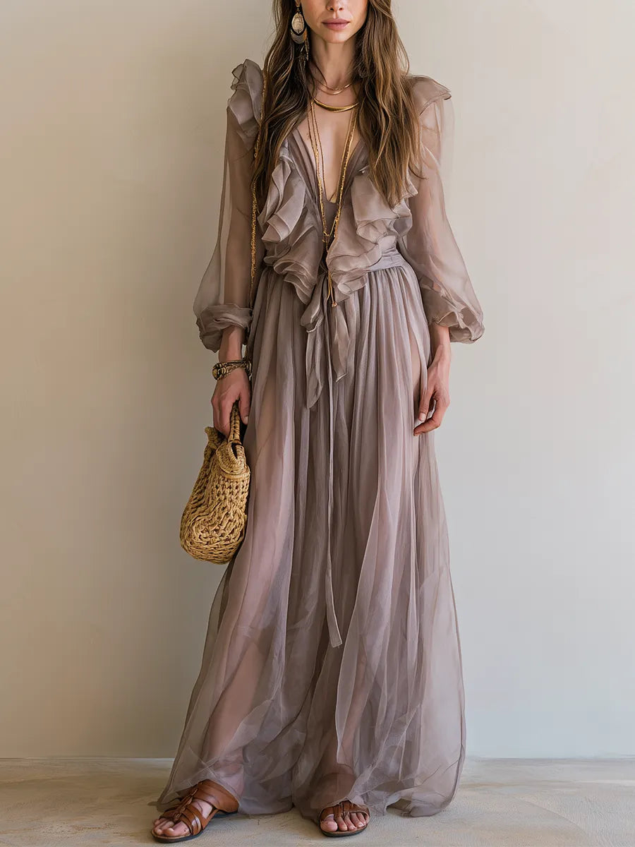 Bohemian Grey-brown Ruffled Maxi Dress