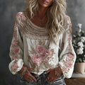 Women's Floral Embroidered Art Print Flowy Linen Blend Casual Tops
