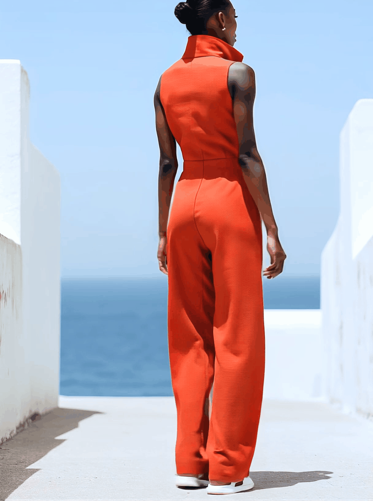 [24-hour shipping out]Casual Retro Red Cotton and Linen Zipper Sleeveless Elastic Waist Wide Leg Jumpsuit
