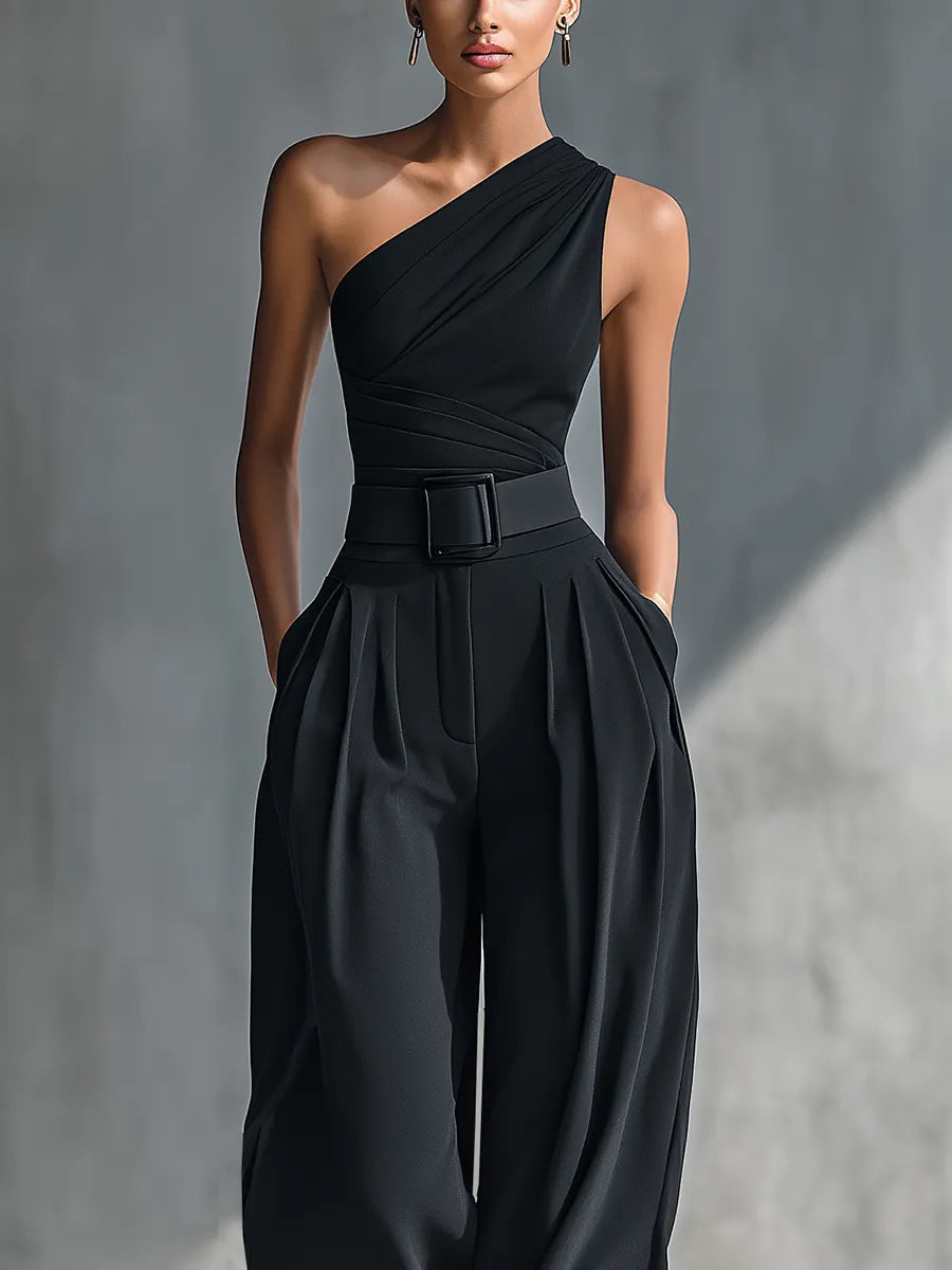 Women's Black High-elastic Knit Top And Acetate Wide-leg Pants MDZ1068B3T