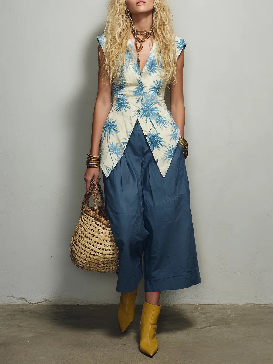 Artistic Resort Floral Vest & Cropped Wide Leg Pants Set