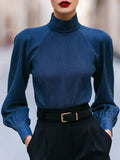 High-Neck Bishop Sleeve Denim Blouse