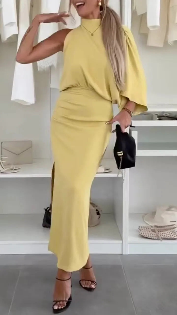 One Shoulder Ruched Waist Bodycon Slit Long Dress