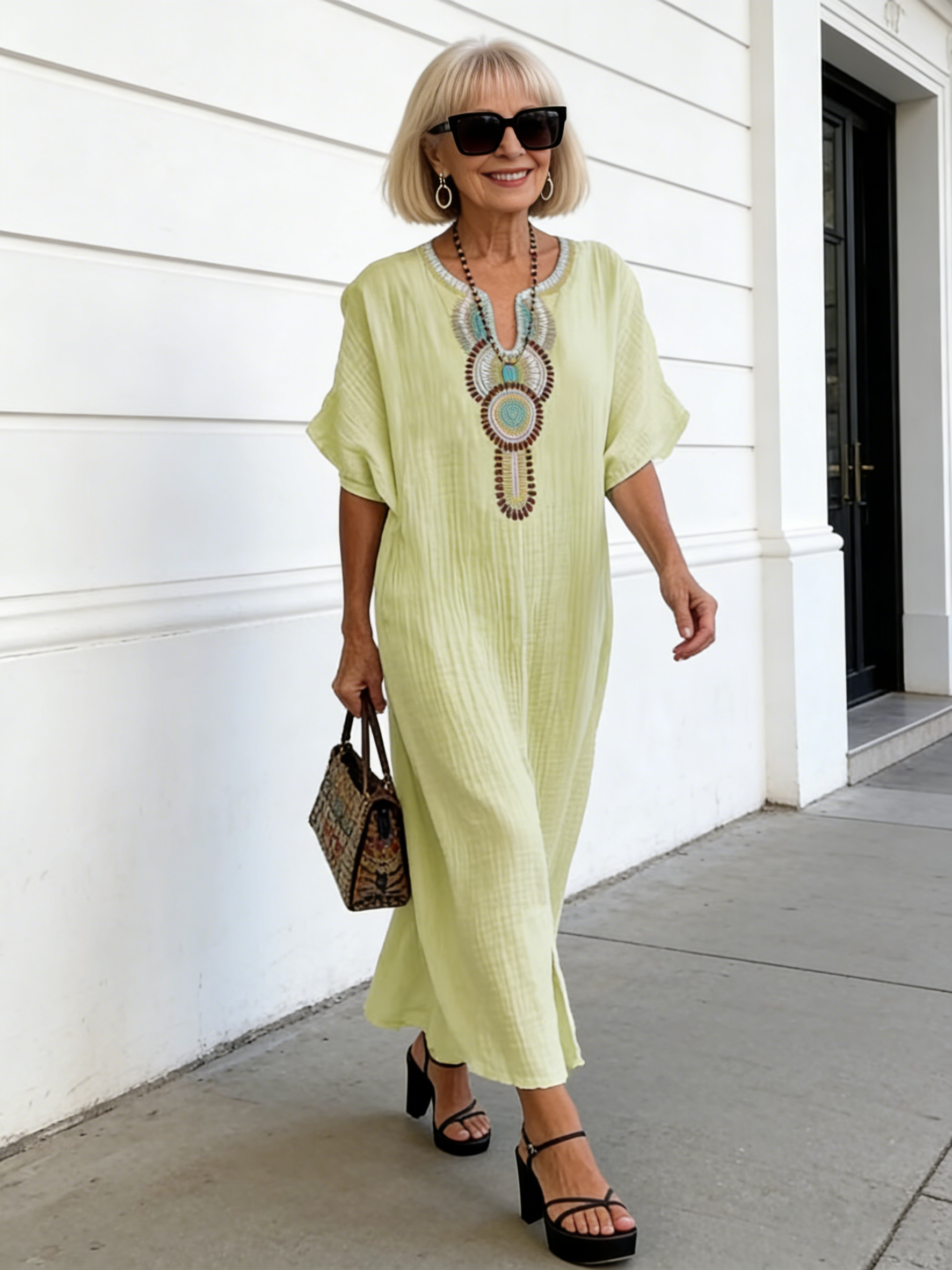 Cotton and Linen Embroidered Split Dress