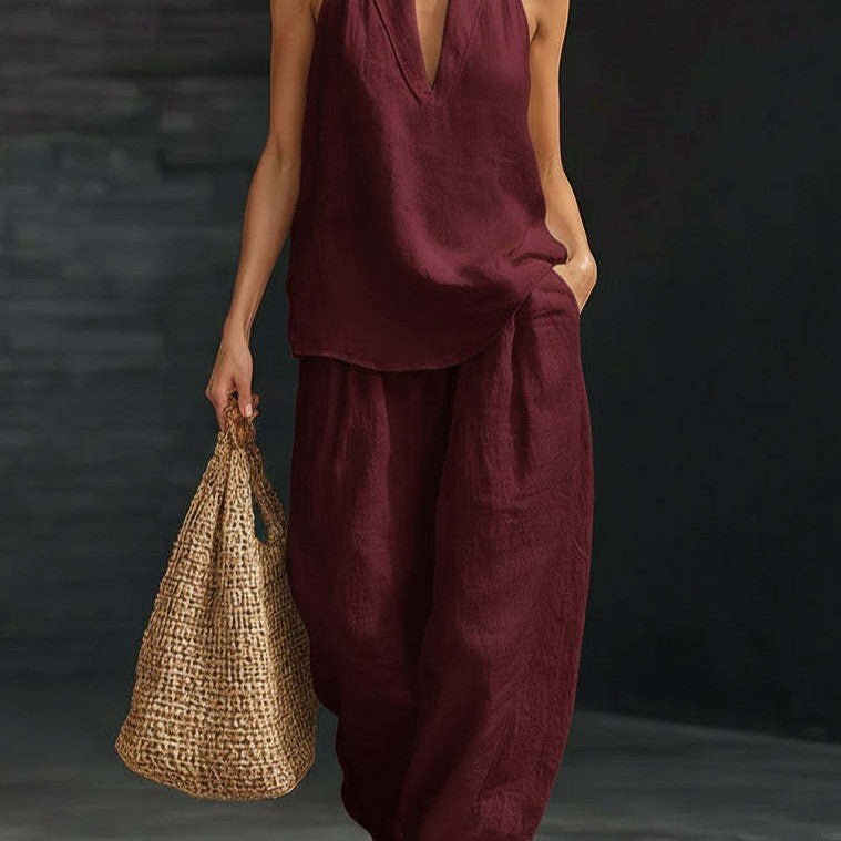 Boho Linen-Look Halter Set - Sleeveless V-Neck Top & Flowy Wide-Leg Pants Two-Piece Suite