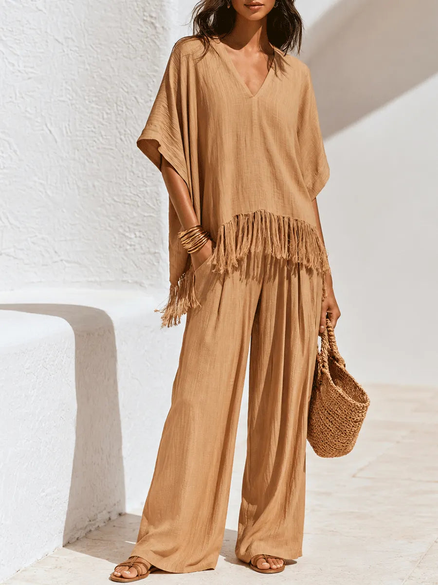 Bohemian Chic Textured Cotton Fringe Kaftan-Top Ginger Palazzo Set