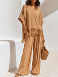 Bohemian Chic Textured Cotton Fringe Kaftan-Top Ginger Palazzo Set