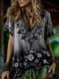 Classy Blue Rose And Floral Embroidered Linen V Neck Short Sleeve T-shirt