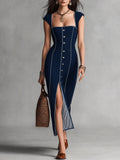 Elegant Vacation Minimal Chic Navy Piped Bodycon Midi Dress