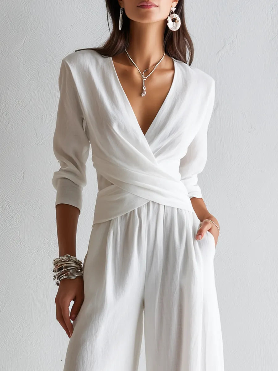 White Cotton Linen Wrap Top And Wide Leg Pants Suit