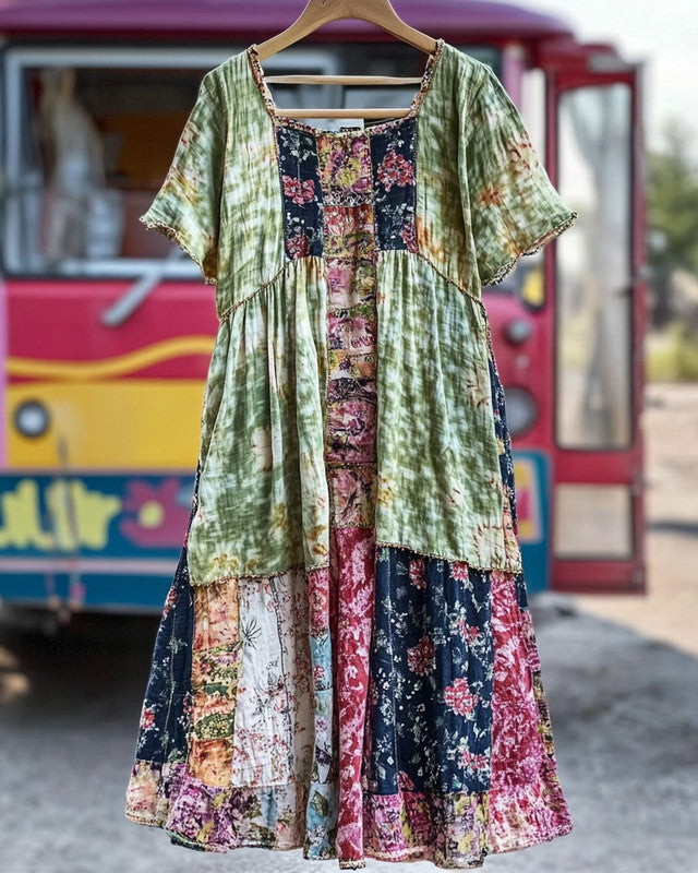 Summer vacation loose patchwork cotton and linen dress a636