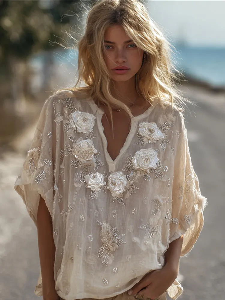 Bohemian Style White Rose V-neck Casual Short-sleeved Shirt
