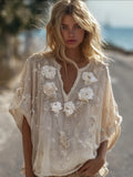 Bohemian Style White Rose V-neck Casual Short-sleeved Shirt