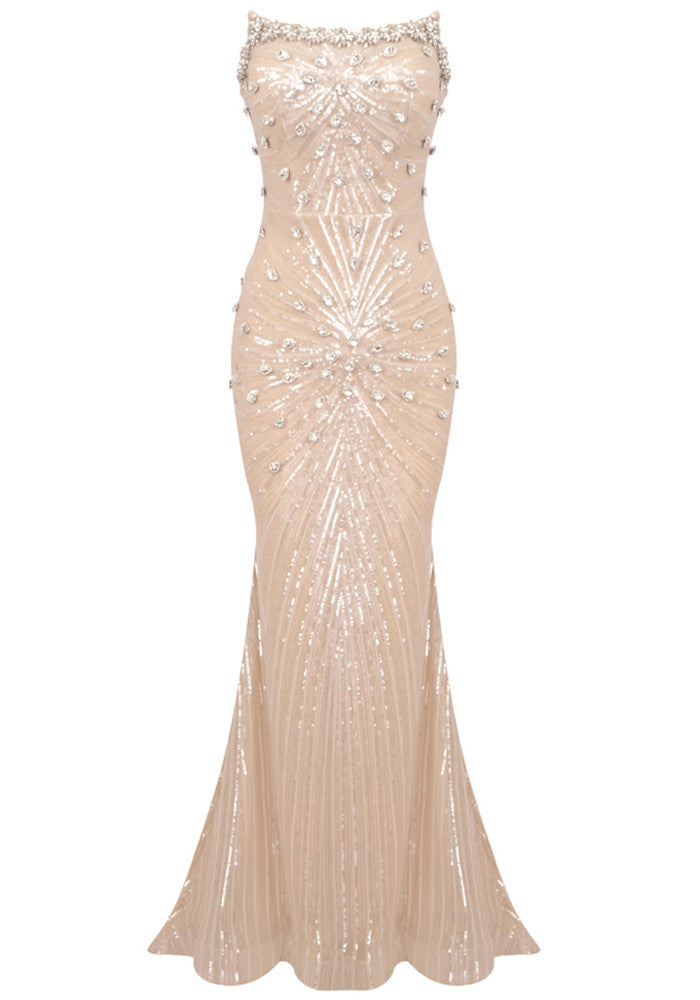 Strapless Crystal Sequined Maxi Dress Nude