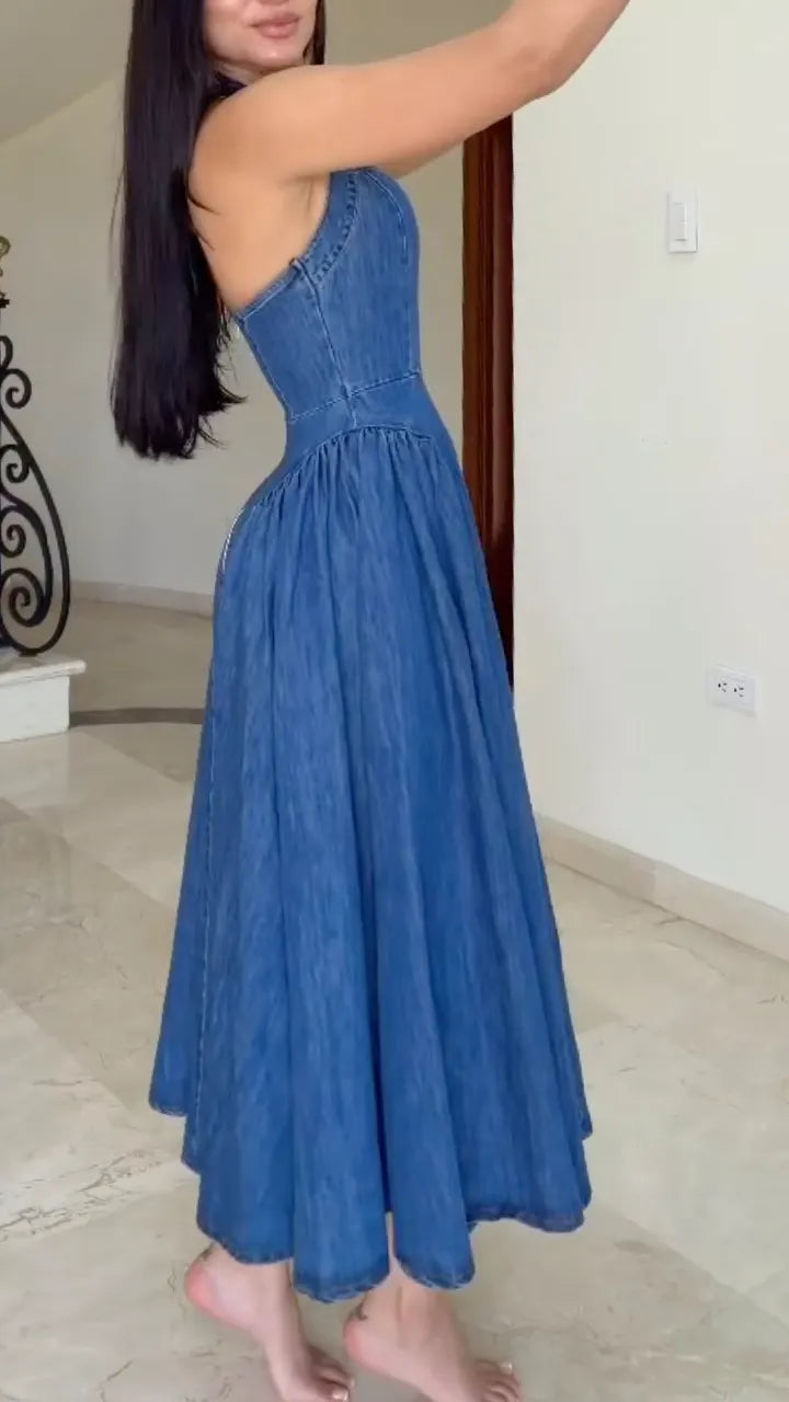 Blue Denim Halter Neck Midi Dress