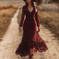 Women's Vintage Elegant Wine Red Lace Dress