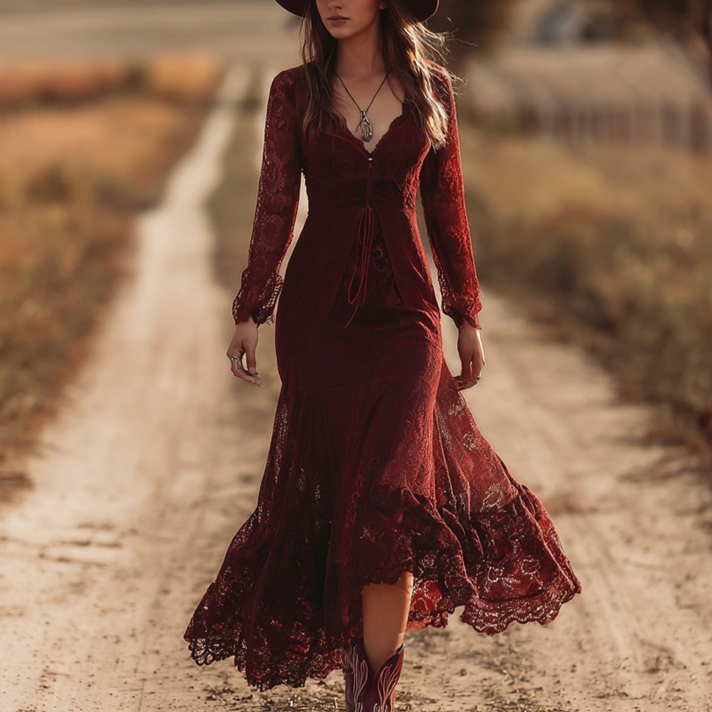 Women's Vintage Elegant Wine Red Lace Dress