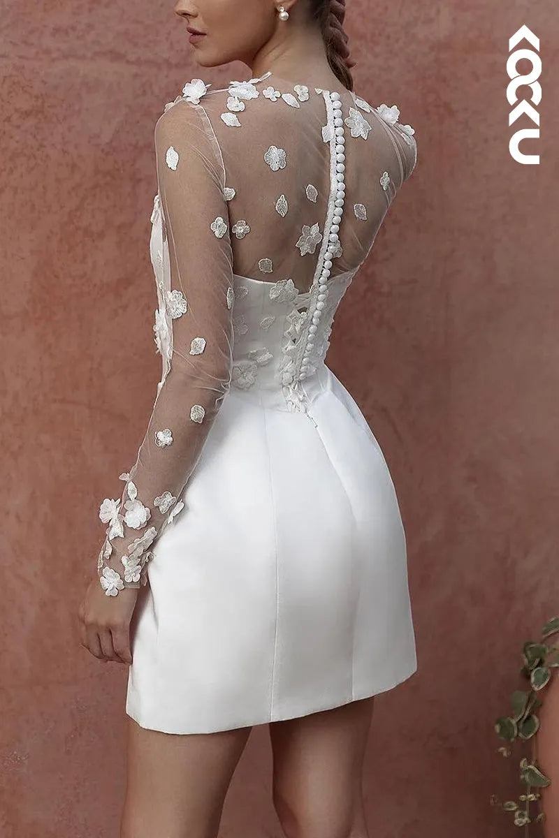 K2131 - Chic & Modern Scoop Long Lace Sleeves Mini Wedding Dress With Flower Applique