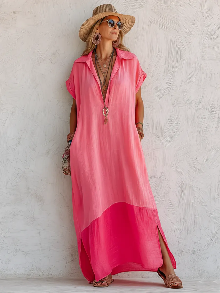 Stylish Casual Color-block Cotton-linen Dress With Polo Collar