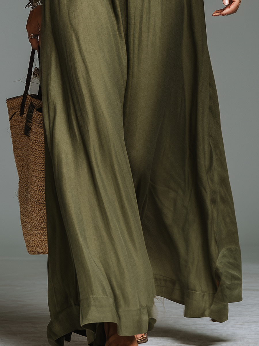 Effortless Olive Green Ruffle Trim Sleeveless Maxi Dress